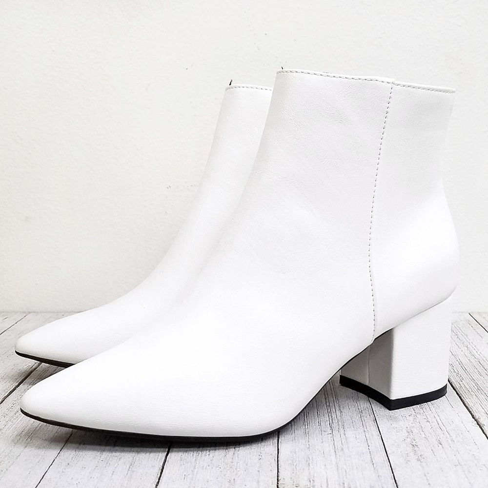 New White Chunky Heel Point Toe Booties Boots - Picture 2 of 4